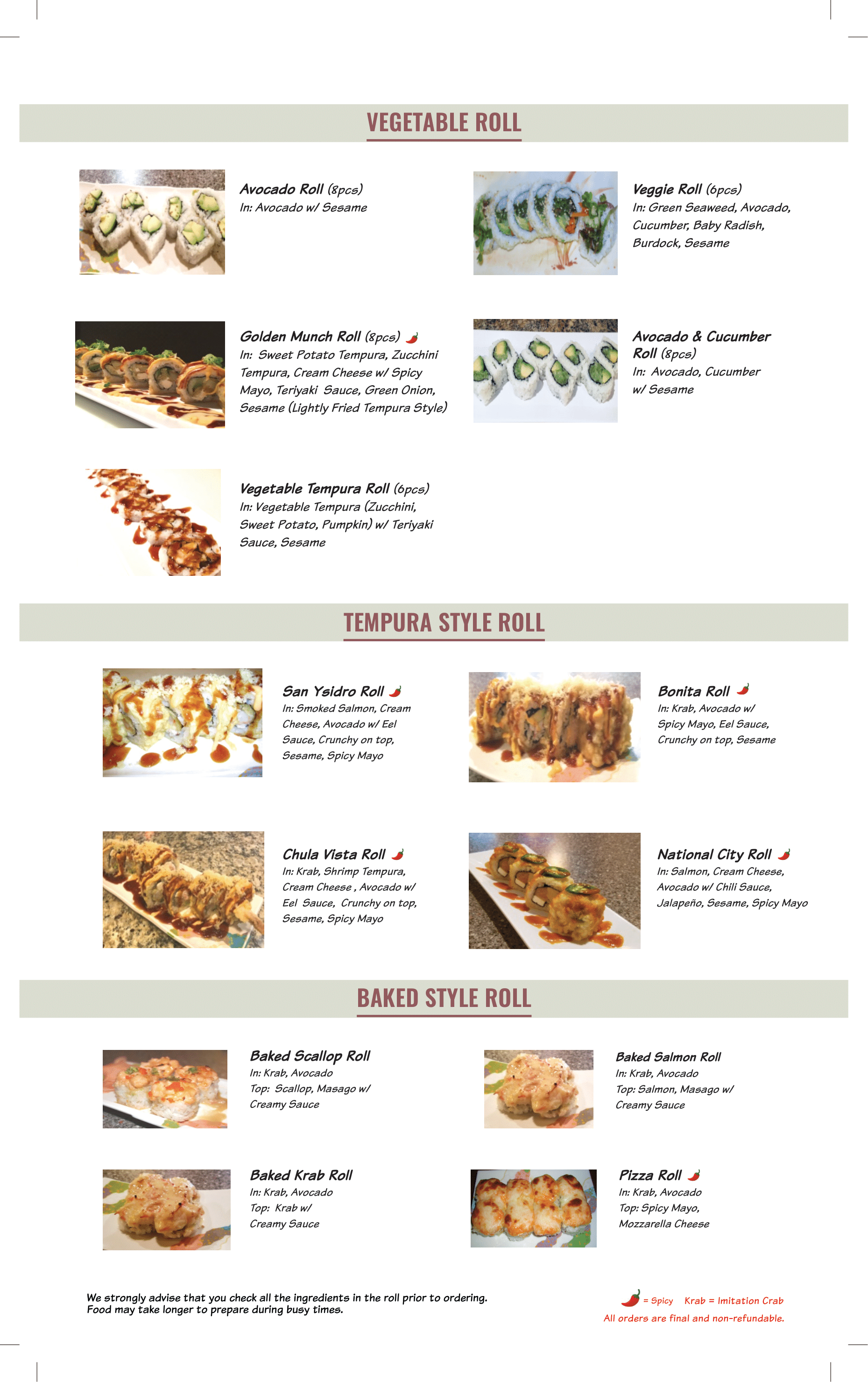 vegetable roll, tempura style roll, baked style roll